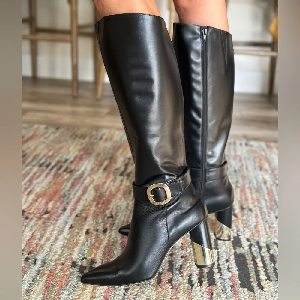 Black Knee High Leather Boots with Gold detail buckle and heel! Soft leather - Picture 2 of 10